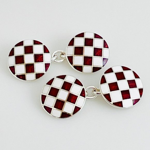 RARE Tiffany & Co Red and White Enamel Checkered Chess Flag Cufflinks
